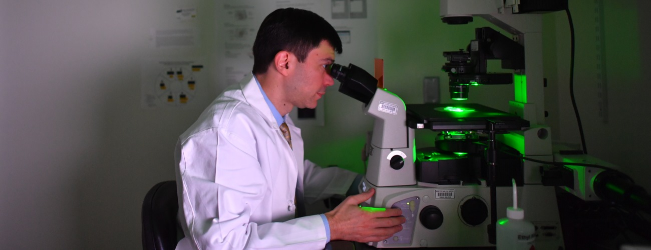 Dr. Jason Comander at a microscope in research lab