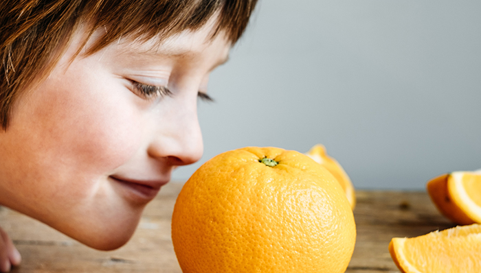 boy smelling an orange
