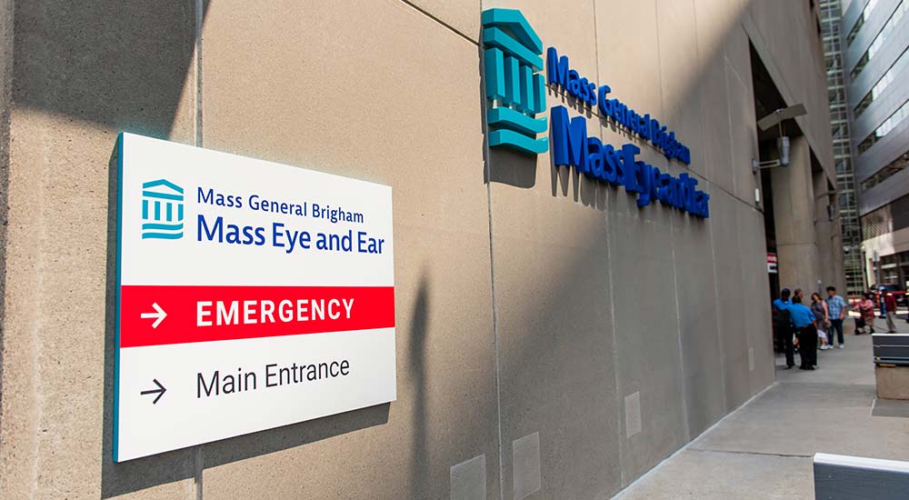 Mass Eye and Ear building exterior with Emergency Department signage